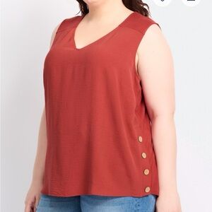 Plus-Size Rust V-Neck Sleeveless Tank with Side Buttons